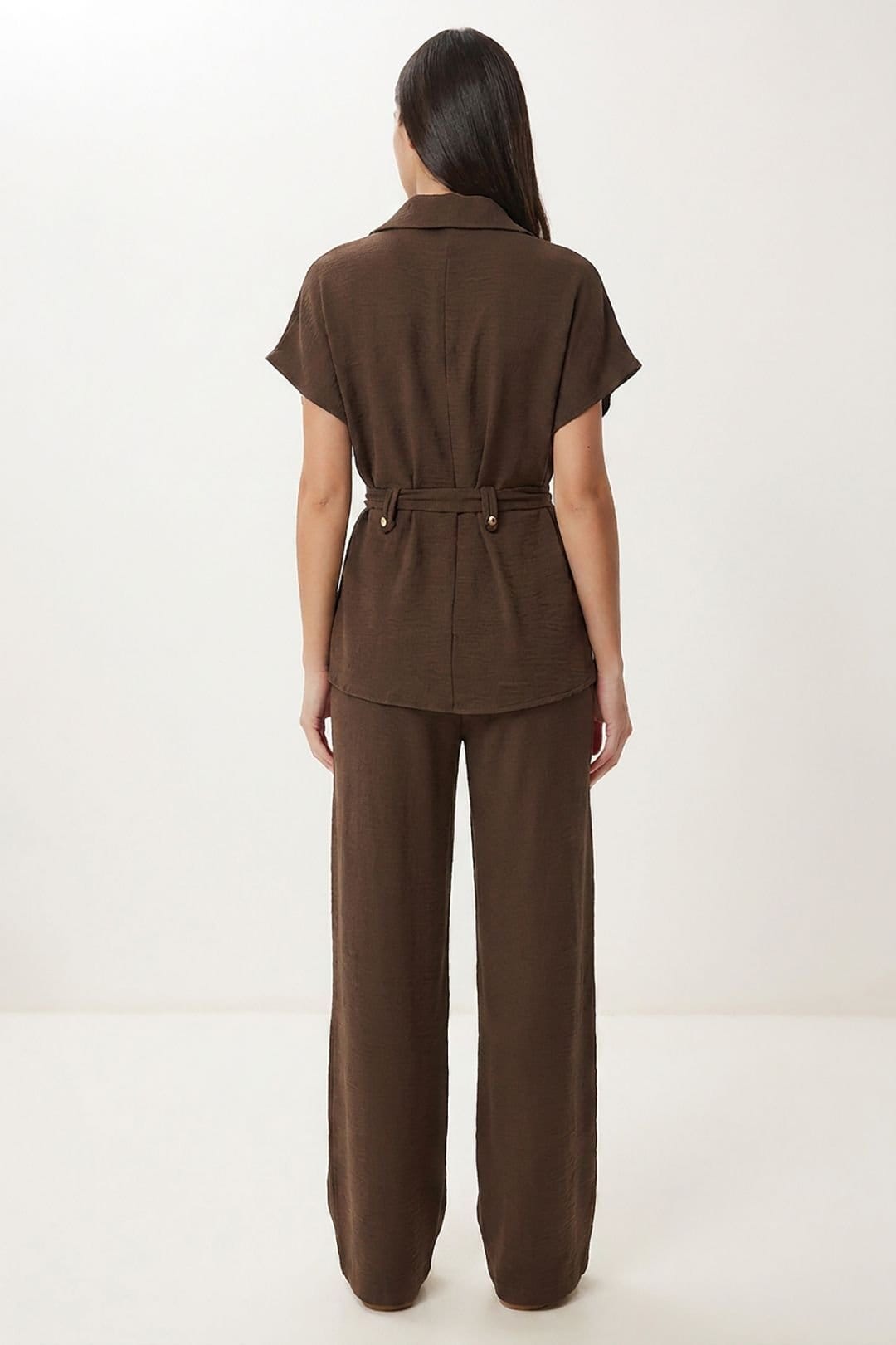 Happiness Istanbul Happiness Istanbul Women's Belted Long Wide Leg Co-Ord Set in Brown - 4