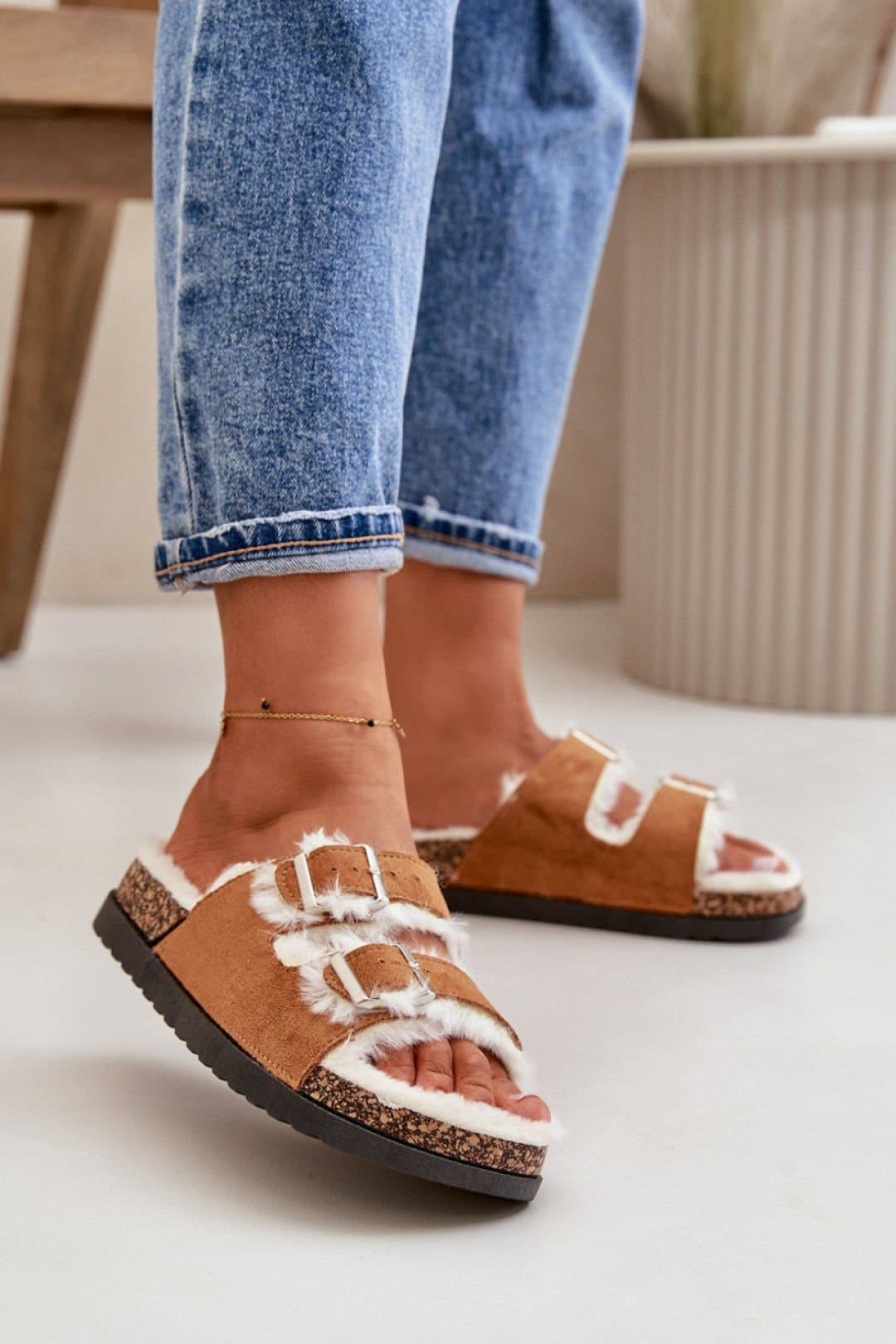 Love Lace Love Lace Women's Fur Lined Platform Slippers with Adjustable Buckle Straps in Brown