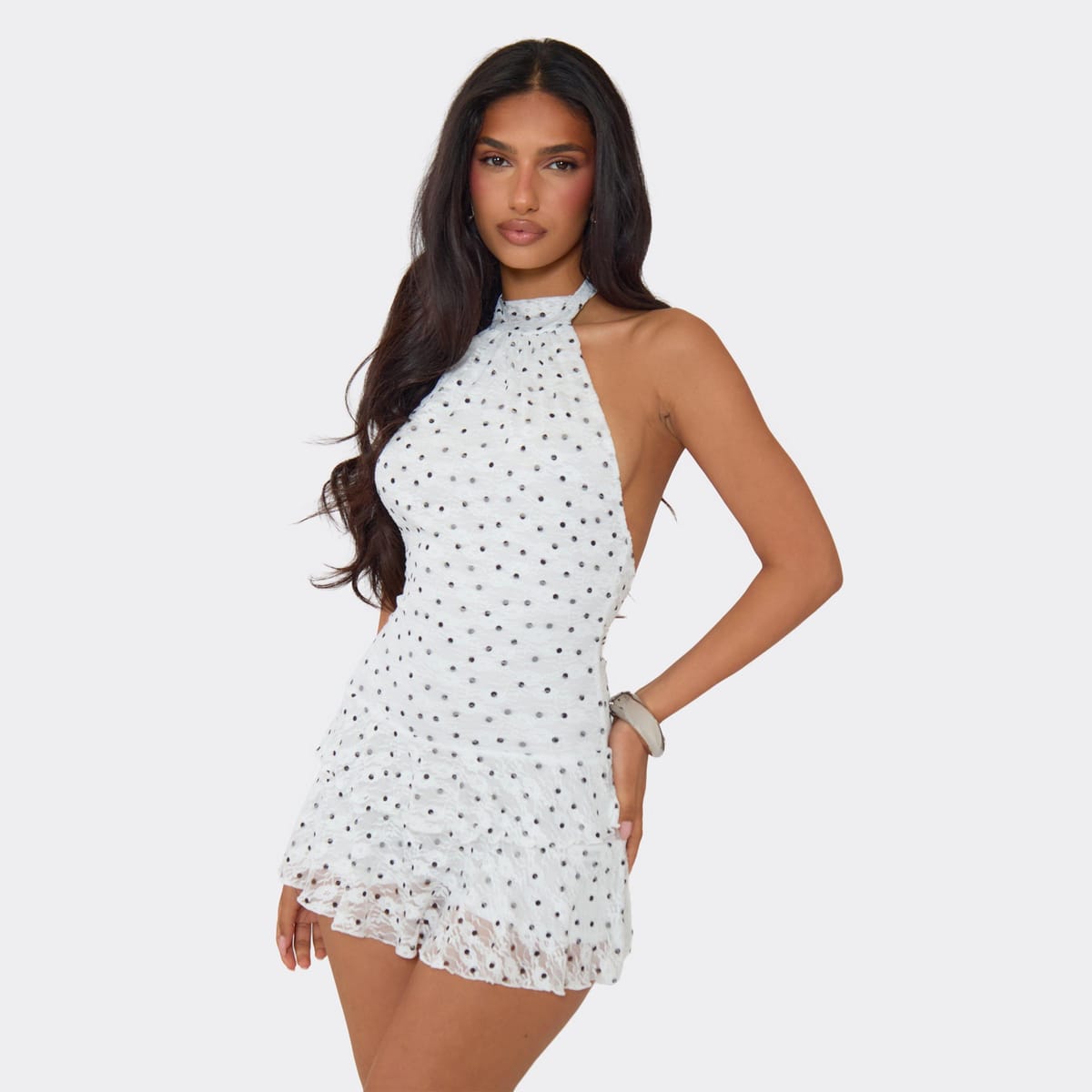 EGO High Neck Open Back Frilled Playsuit In White Polka Dot Lace, Women's Size UK 4 - 1
