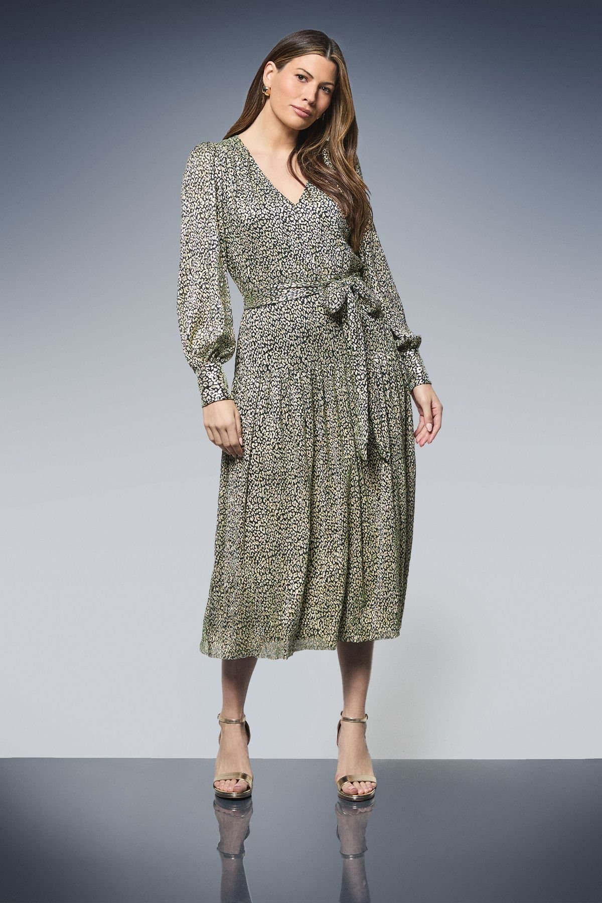 Wallis Wallis Women's Animal Metallic Tie Waist Midi Dress in Green