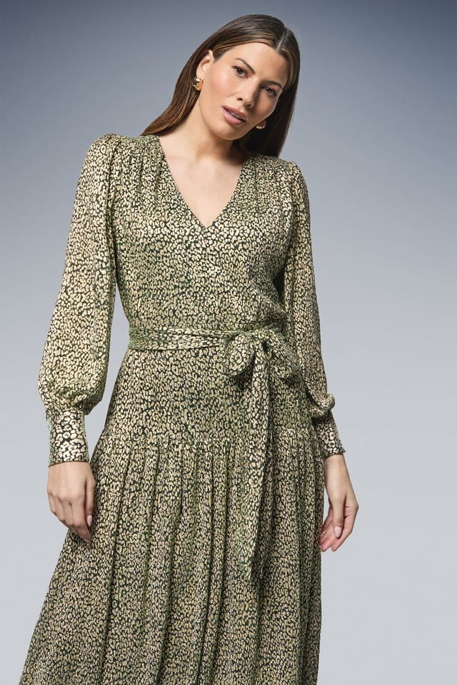 Wallis Wallis Women's Animal Metallic Tie Waist Midi Dress in Green - 2