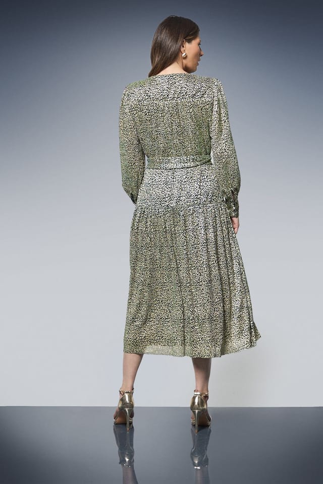 Wallis Wallis Women's Animal Metallic Tie Waist Midi Dress in Green - 3