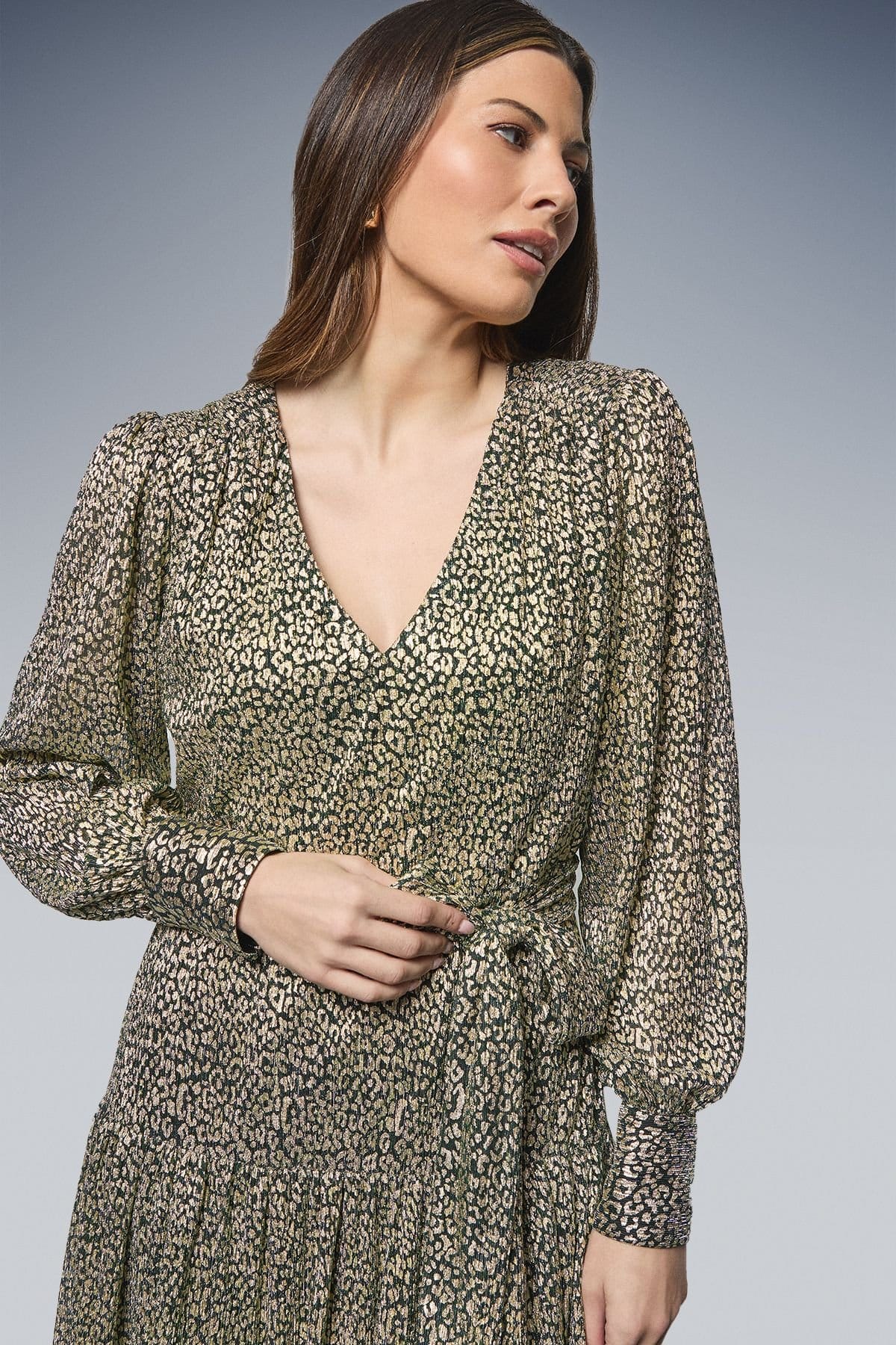 Wallis Wallis Women's Animal Metallic Tie Waist Midi Dress in Green - 4