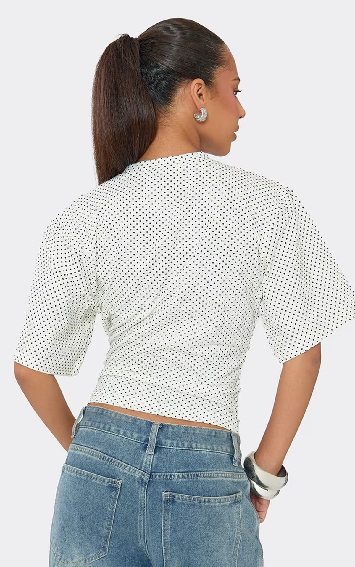 EGO Wide Sleeve Cinched Waist T-Shirt In White Polka Dot, Women's Size UK 6