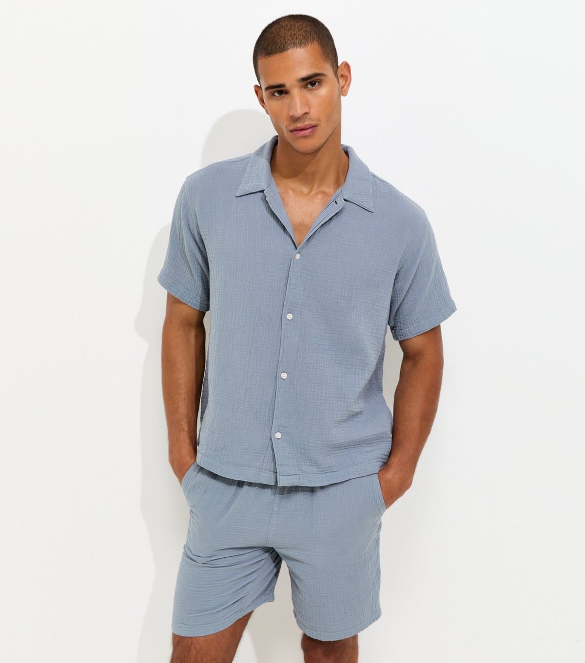 jack & jones Men's Blue Cotton Seersucker Short Sleeve Shirt Jack & Jones New Look