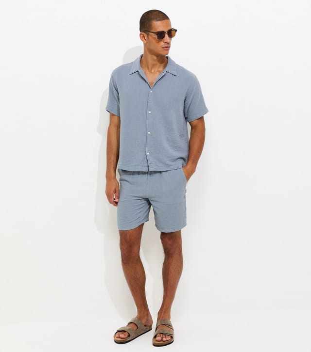 jack & jones Men's Blue Cotton Seersucker Short Sleeve Shirt Jack & Jones New Look - 2
