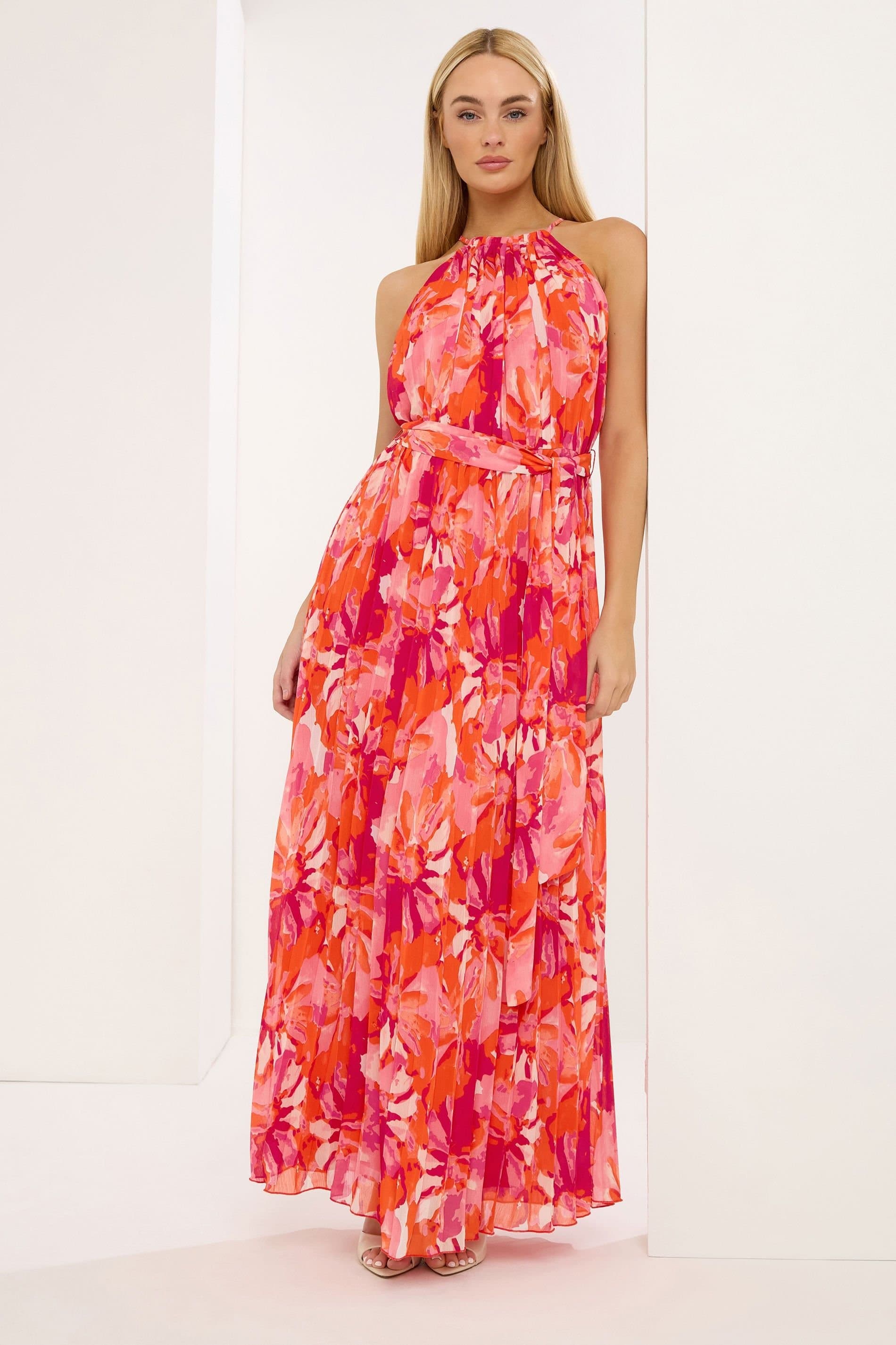 Star By Julien Macdonald Star by Julien Macdonald Women's Blurred Floral Pleated Maxi Dress in Bright Pink