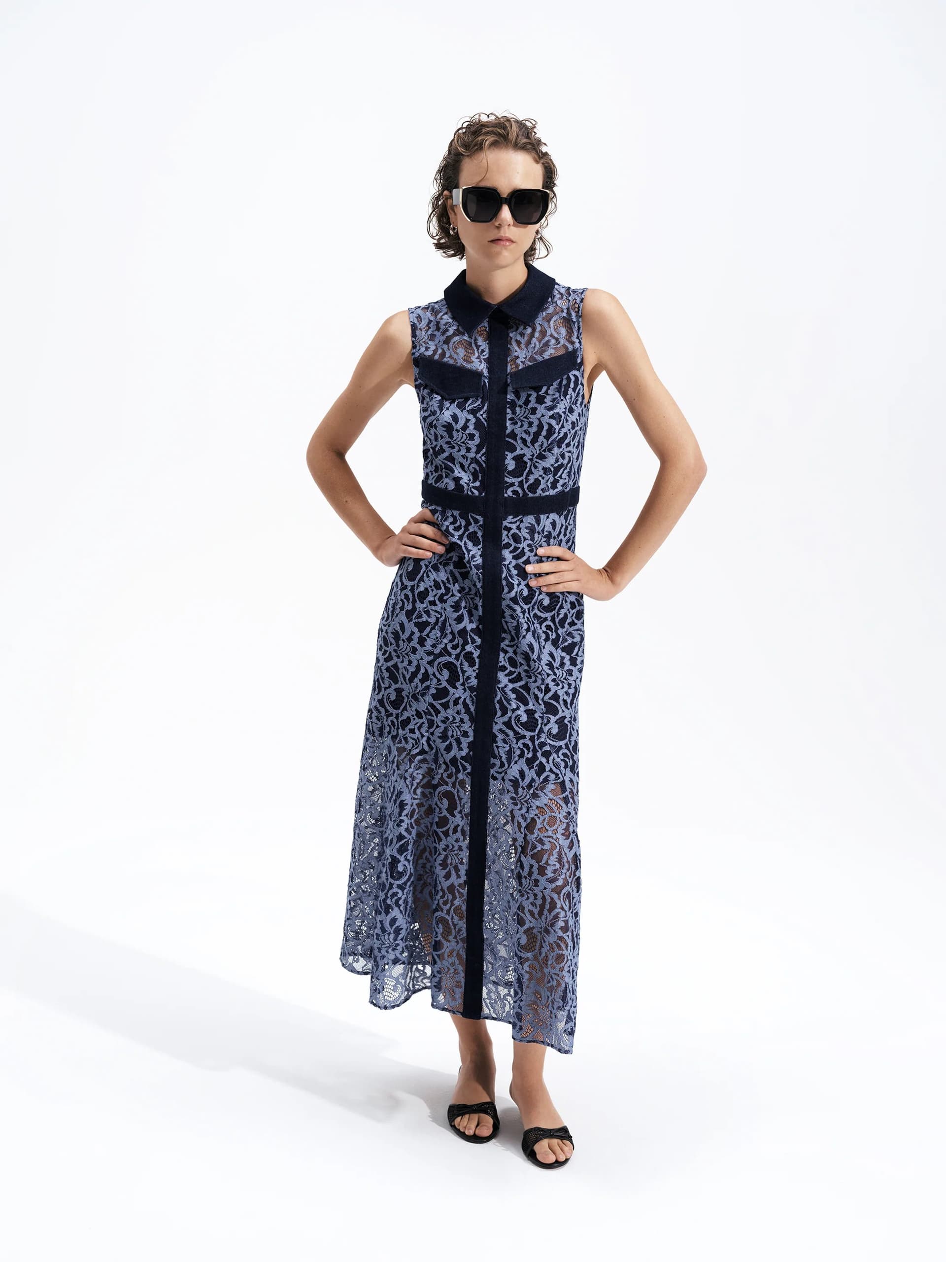 French Connection Skye Lace Godet Blue Midi Shirt Dress Blue Lace Mix