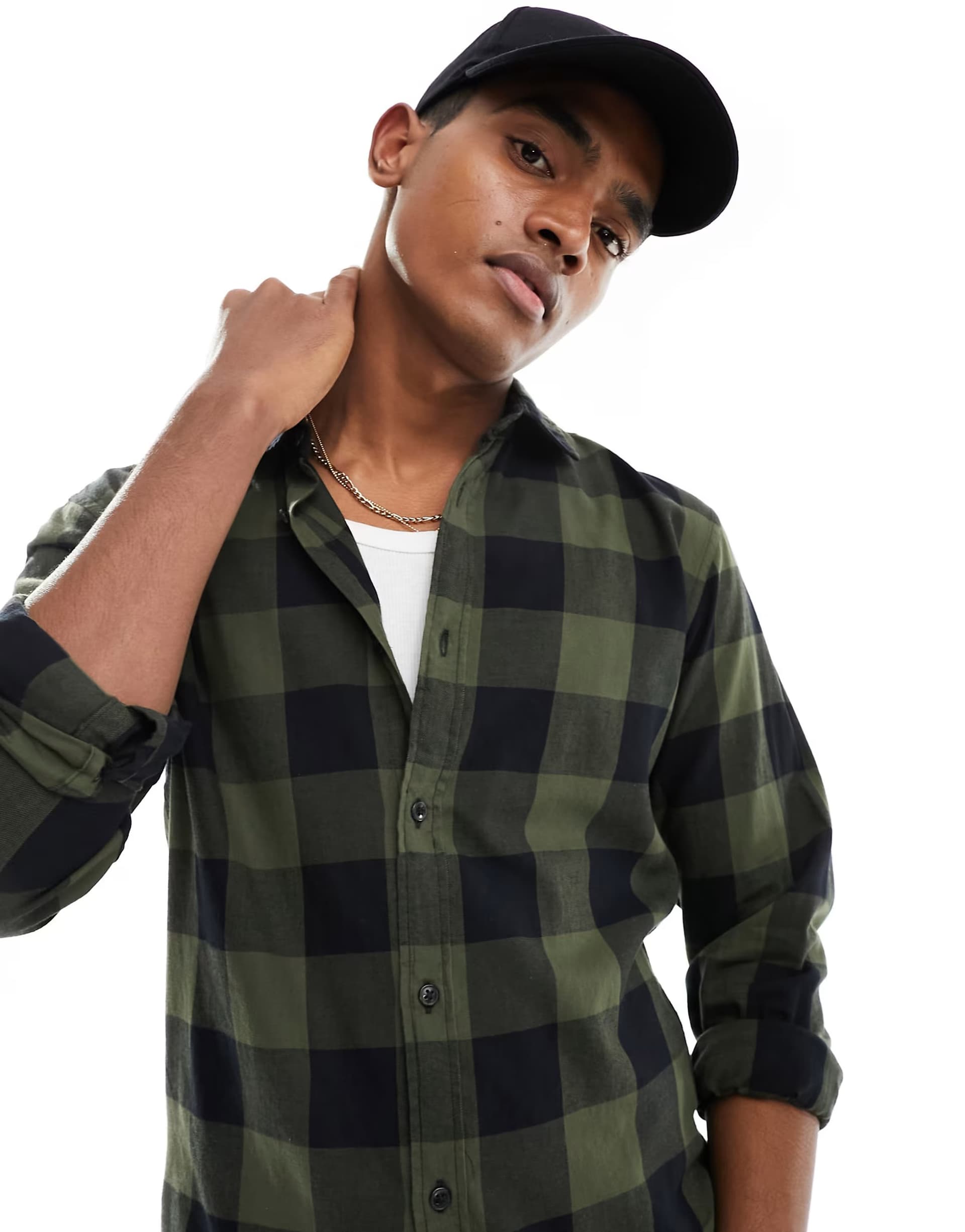 ASOS Jack & Jones Essentials buffalo check shirt in khaki & black