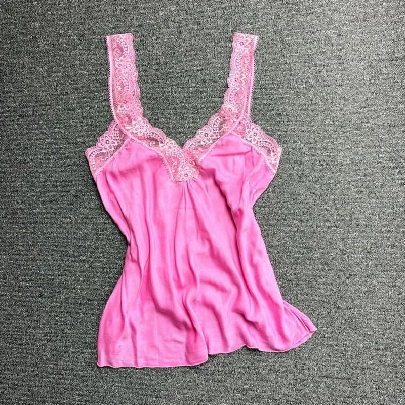 COQUETTE Vintage Pink Lace Trim Cami UK M Viscose Y2K Coquette Indie Slip Top