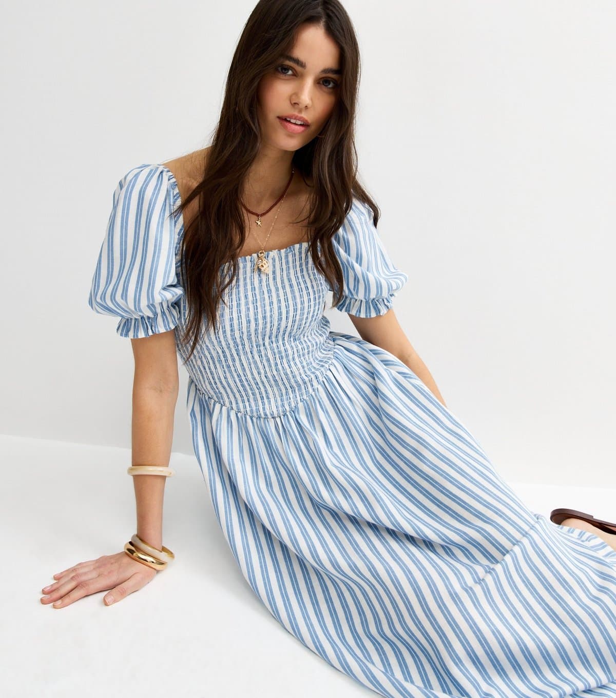 New Look Women's Blue Striped Shirred Puff Sleeve Midi Dress New Look