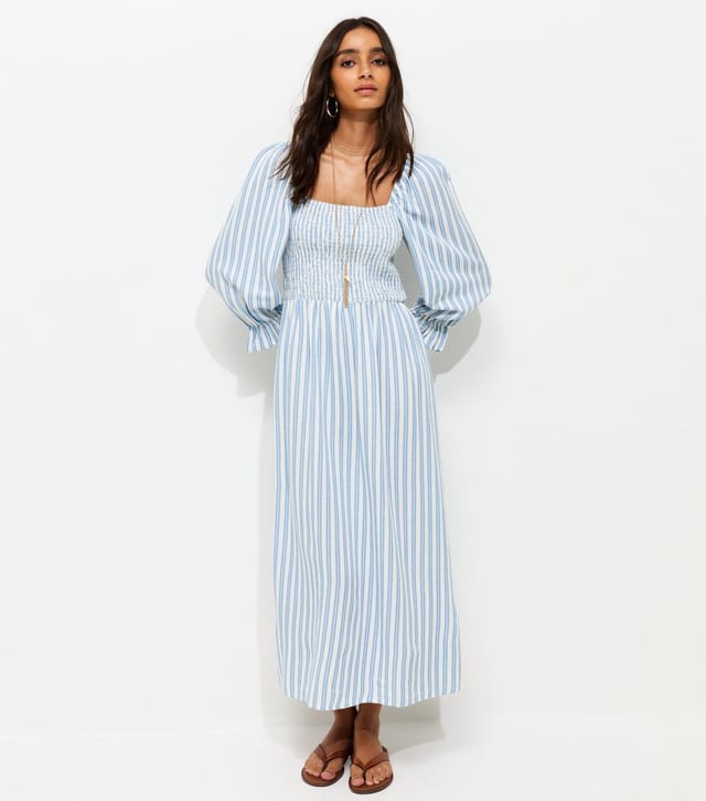 New Look Women's Blue Striped Shirred Puff Sleeve Midi Dress New Look - 2