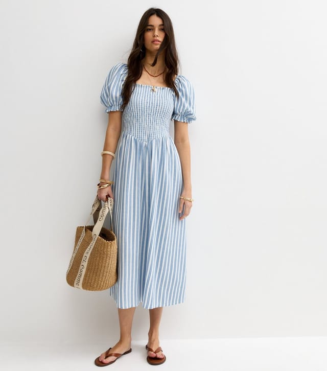 New Look Women's Blue Striped Shirred Puff Sleeve Midi Dress New Look - 3