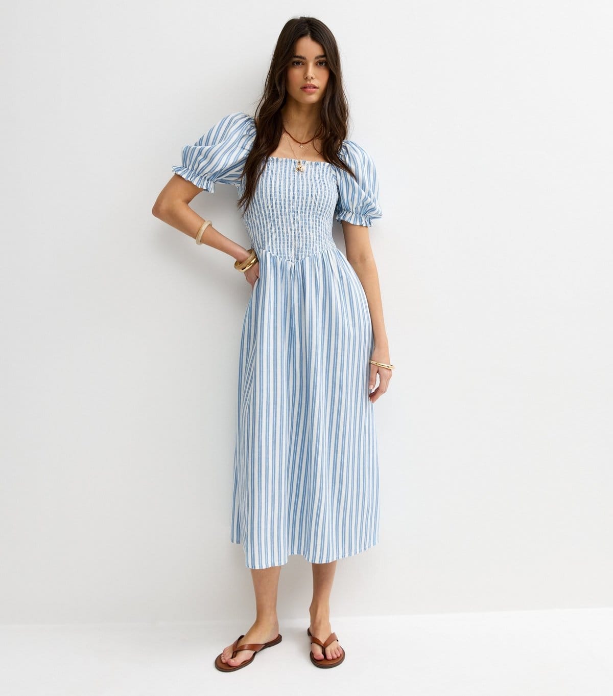 New Look Women's Blue Striped Shirred Puff Sleeve Midi Dress New Look - 4
