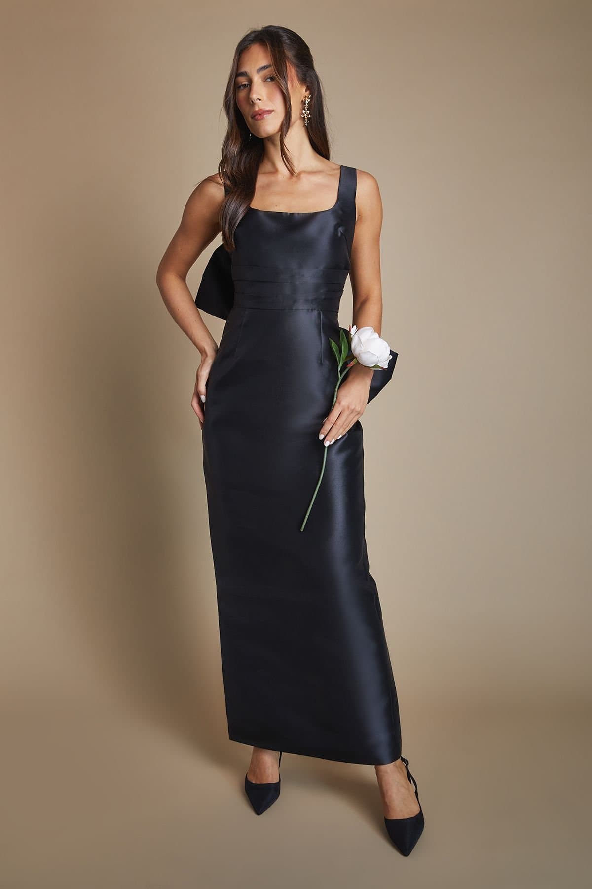 Coast Coast Women's Twill Sleeveless Column Bridesmaid Dress with Statement Bow Back in Black