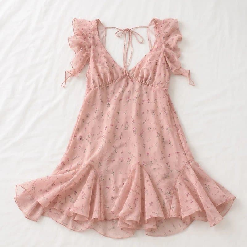 Bershka Bershka Pink Floral Ruffle Mini Dress Tie Back Chiffon Cottagecore Size L