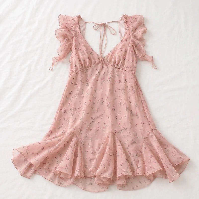 Bershka Bershka Pink Floral Ruffle Mini Dress Tie Back Chiffon Cottagecore Size L - 1