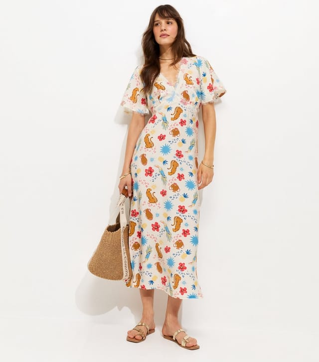 New Look Women's Tall Cream Leopard Print Lace Trim Midi Tea Dress New Look - 3