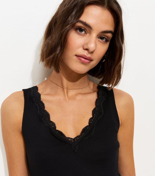 New Look Women's Black V Neck Lace Trim Vest New Look - 3