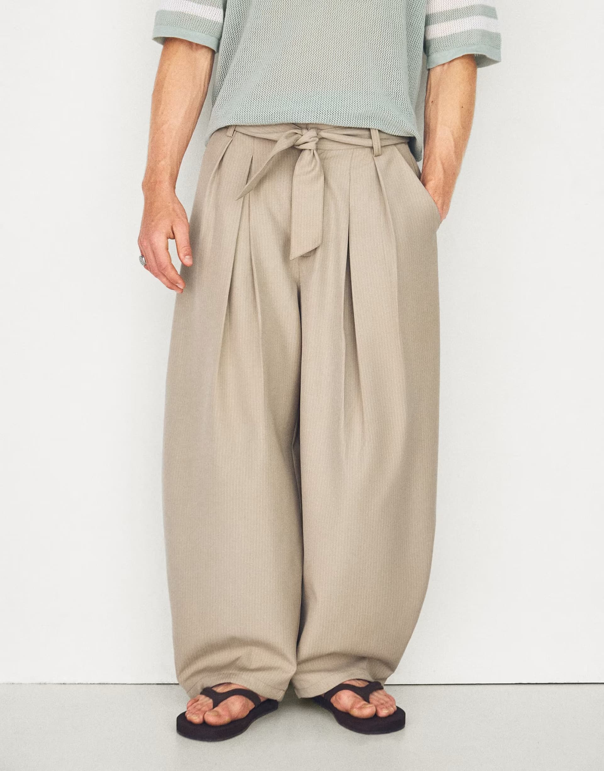 ASOS Bershka Barrel-leg trousers with darts and belt in beige