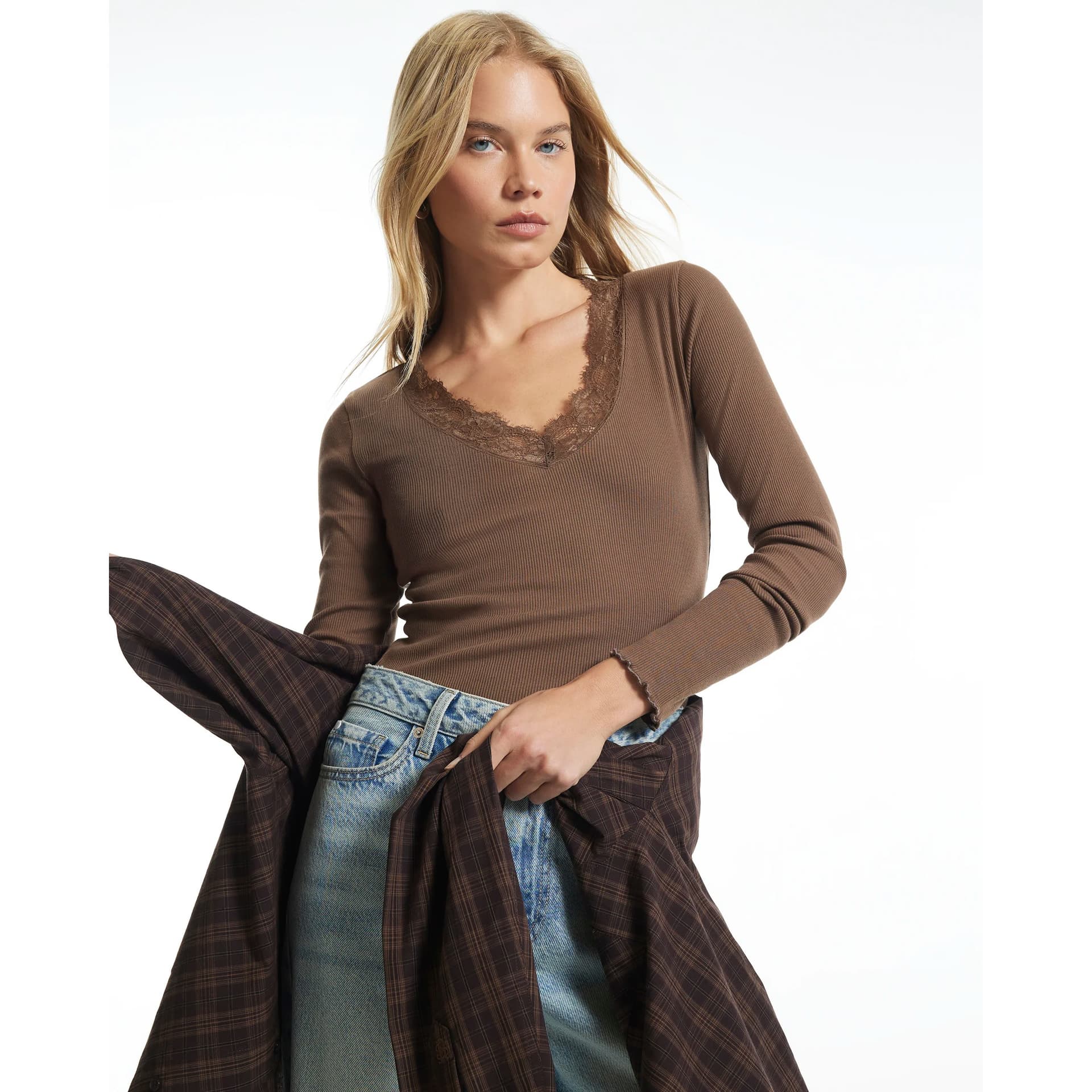 River Island River Island Womens Brown V Neck Lace Trim Top