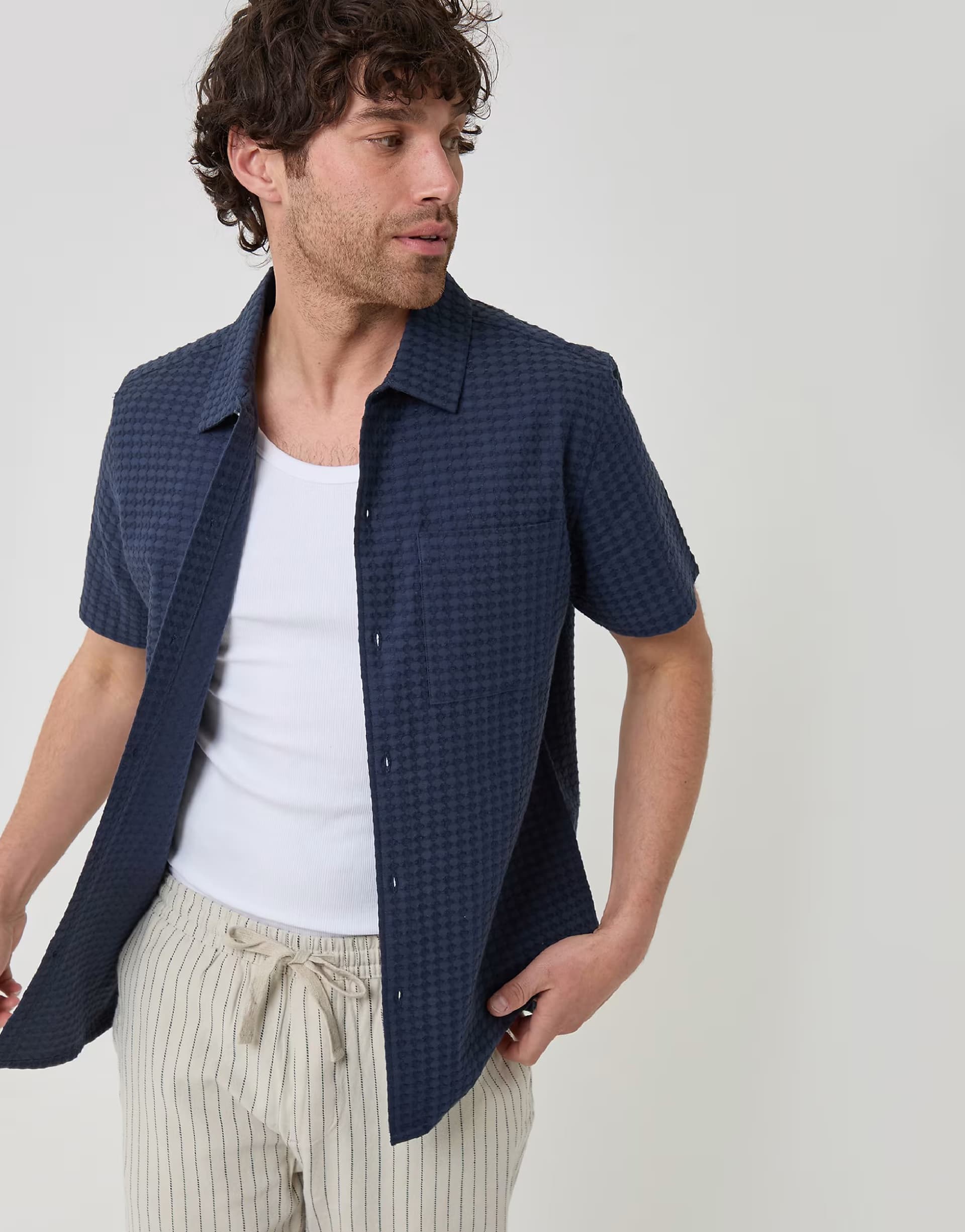 ASOS Threadbare Textured cotton short sleeve shirt in navy