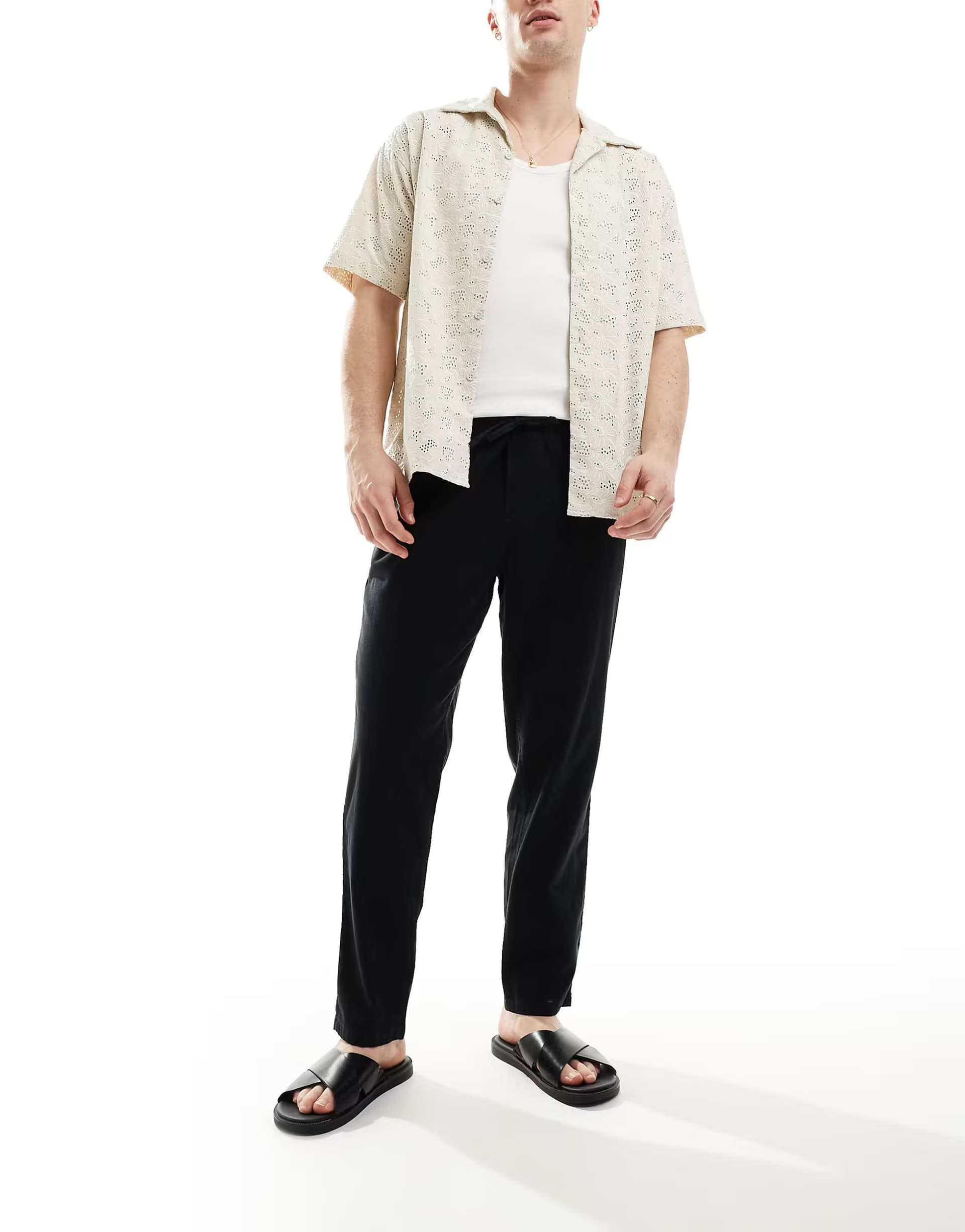 ASOS Jack & Jones slim tapered drawstring linen mix trouser in black