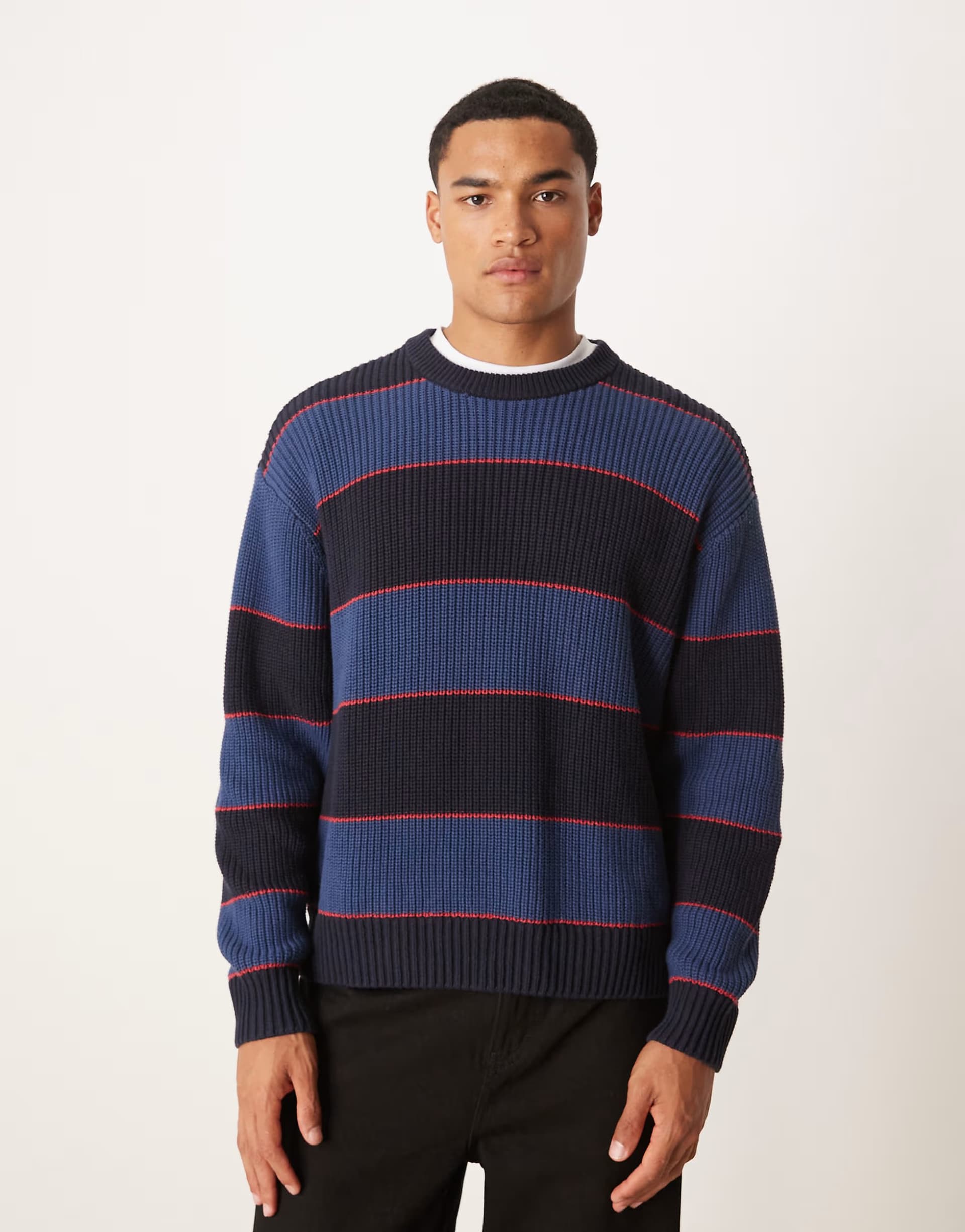 ASOS Abercrombie & Fitch knitted crew neck fisherman jumper in blue stripe