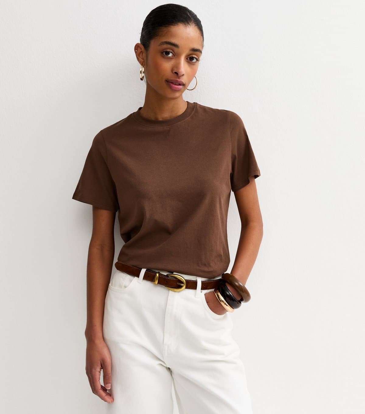 New Look Women's Dark Brown Cotton Crew Neck T-Shirt New Look