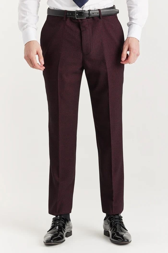 Paul Andrew Paul Andrew Men's Regent Trousers Plaid Check Formal Suit Pants in Wine