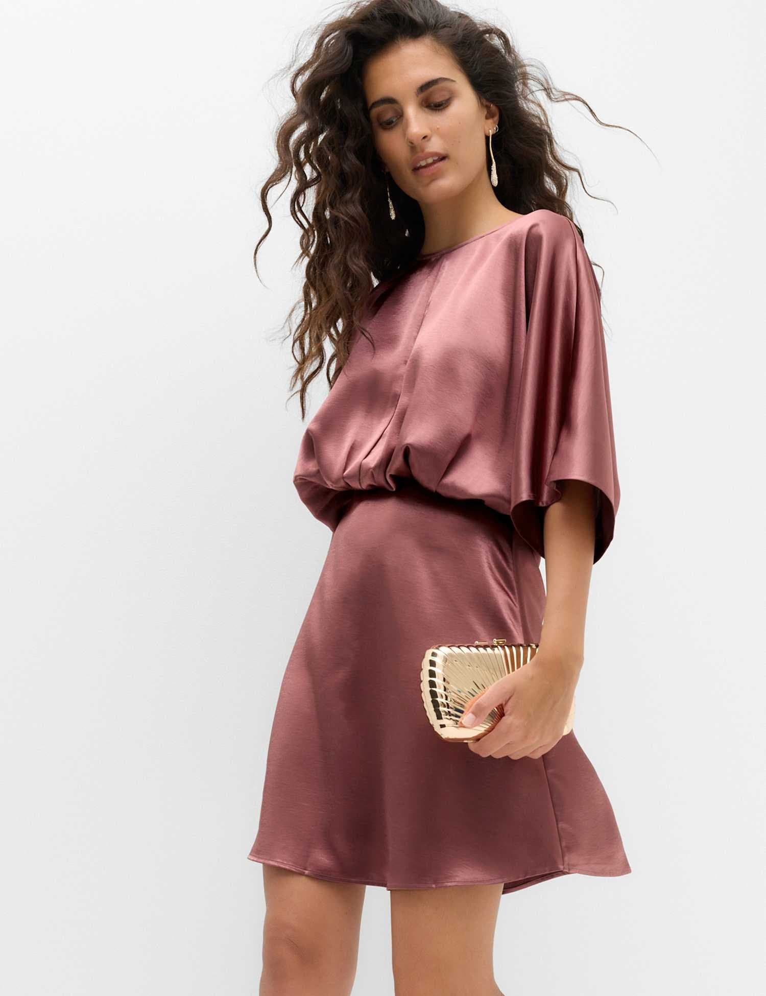 Marks & Spencer M&S Satin Flute Sleeve Round Neck Mini Waisted Dress Dusted Plum