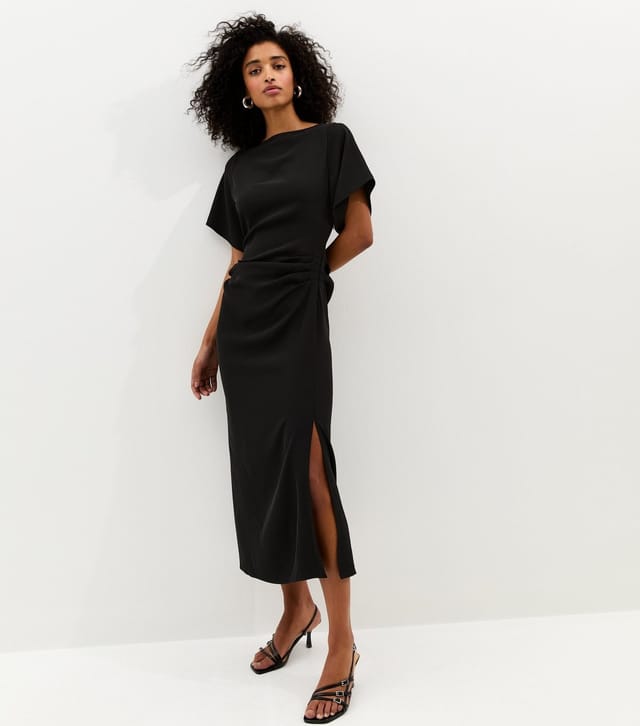 New Look Women's Black Ruched Waist Short Sleeve Midi Dress New Look - 2