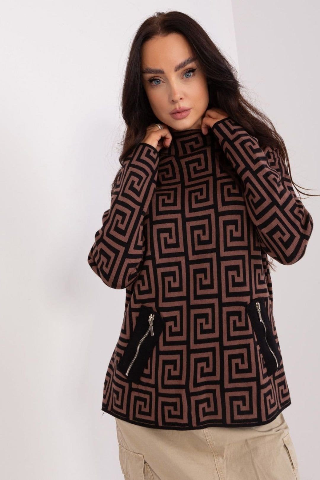 Love Lace Brown Geometric Pattern Half Turtleneck Sweater