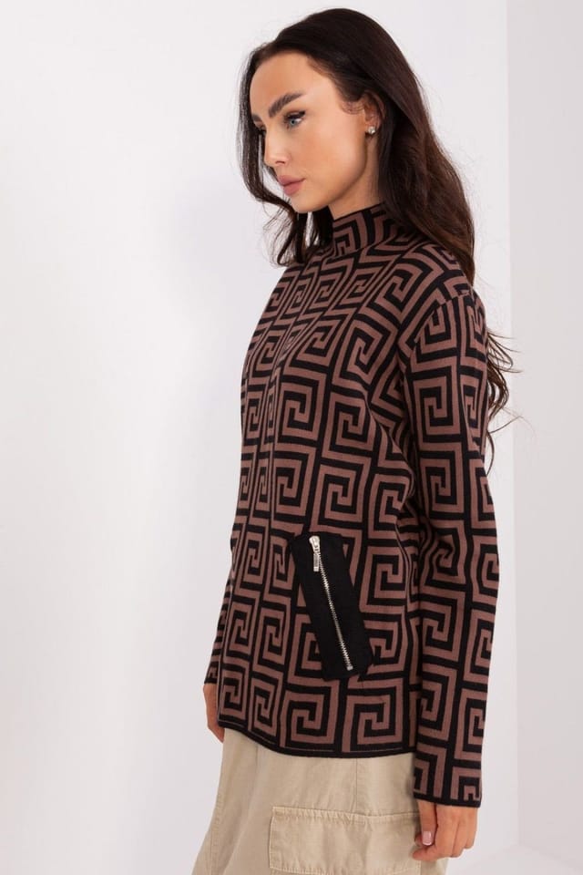 Love Lace Love Lace Women's Long Sleeve Half Turtleneck Geo Sweater Pockets in Brown - 2