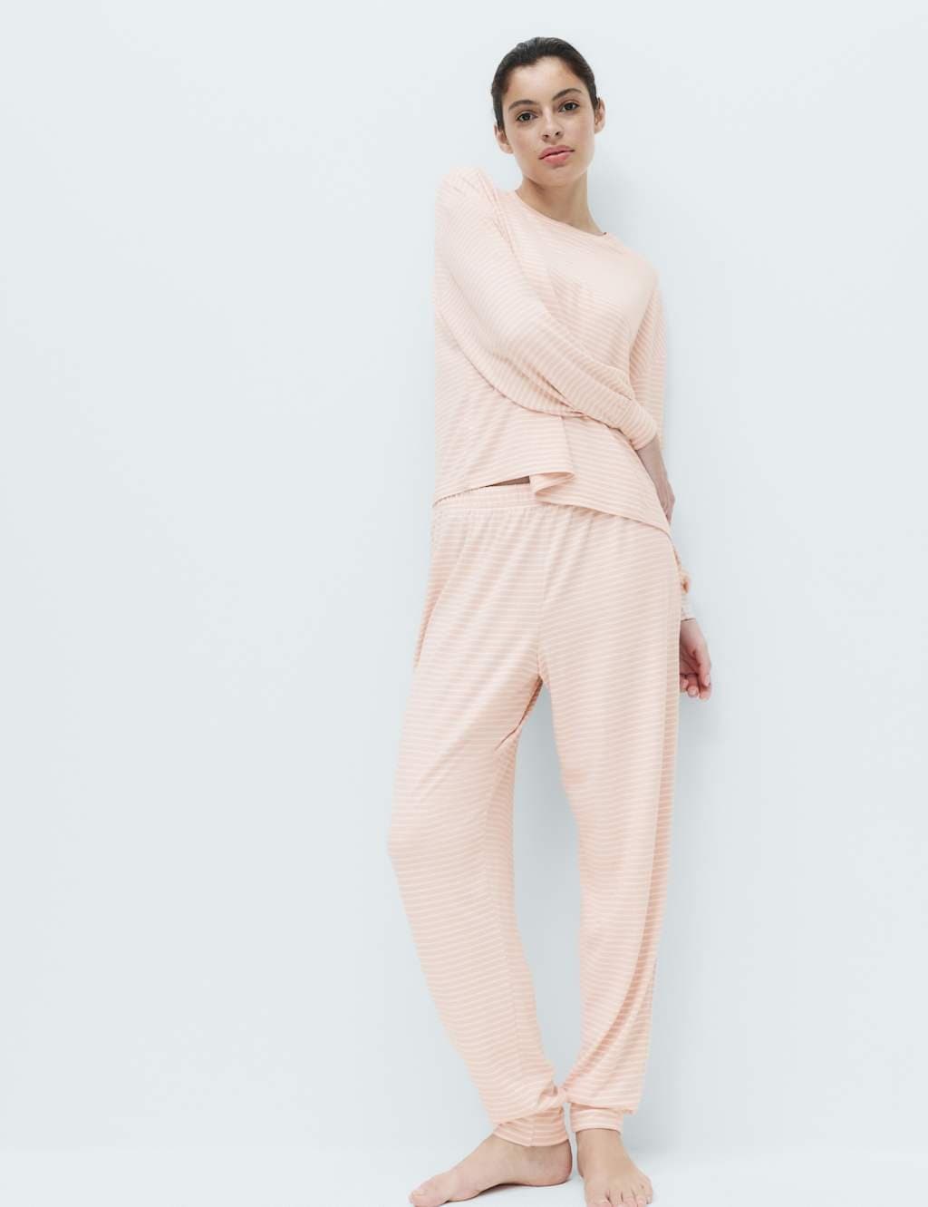 Marks & Spencer M&S Cosy Knit Printed Cuffed Pyjama Set Pink Mix