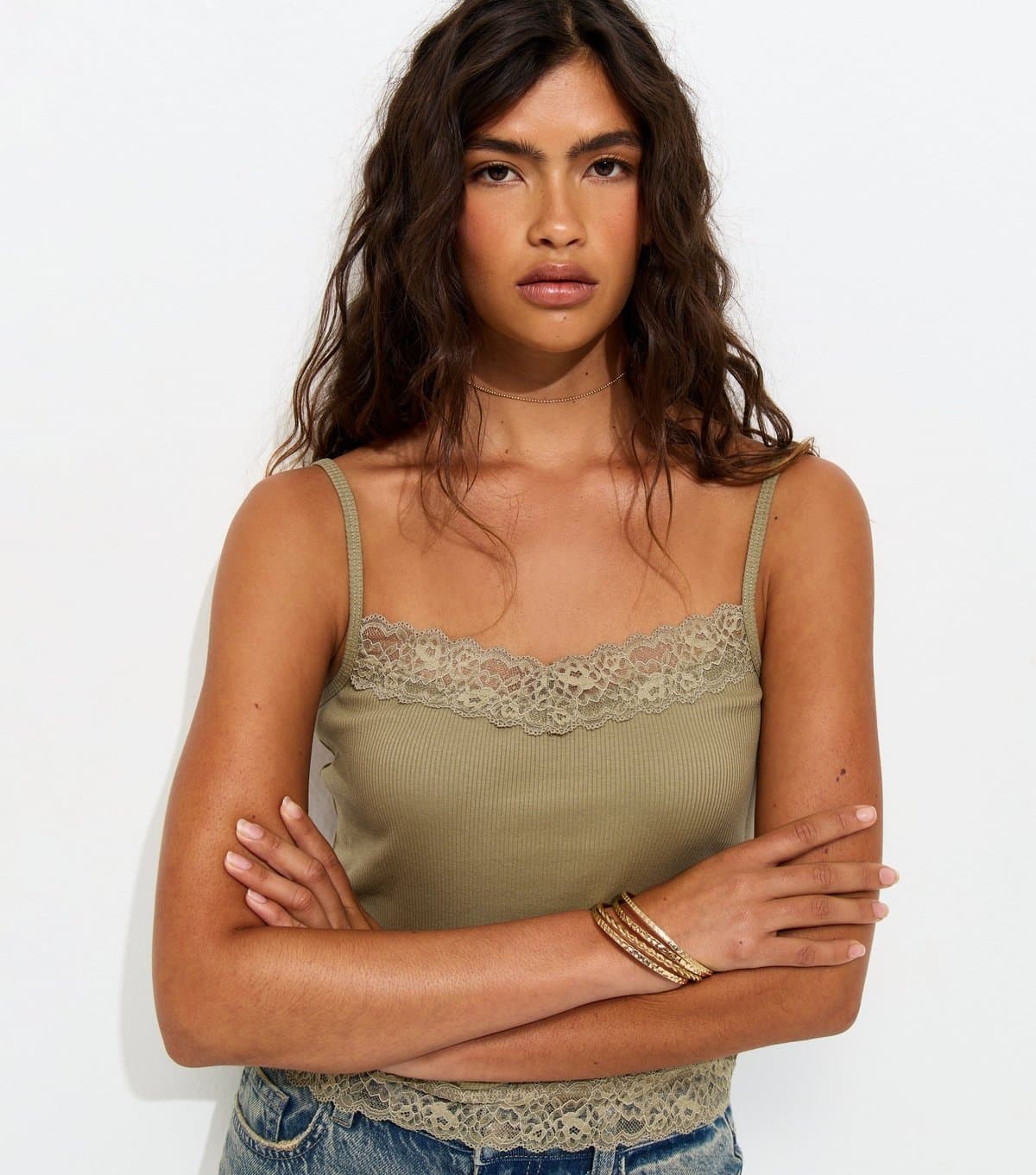 New Look Women's Light Khaki Cotton Rich Lace Trim Cami Top New Look