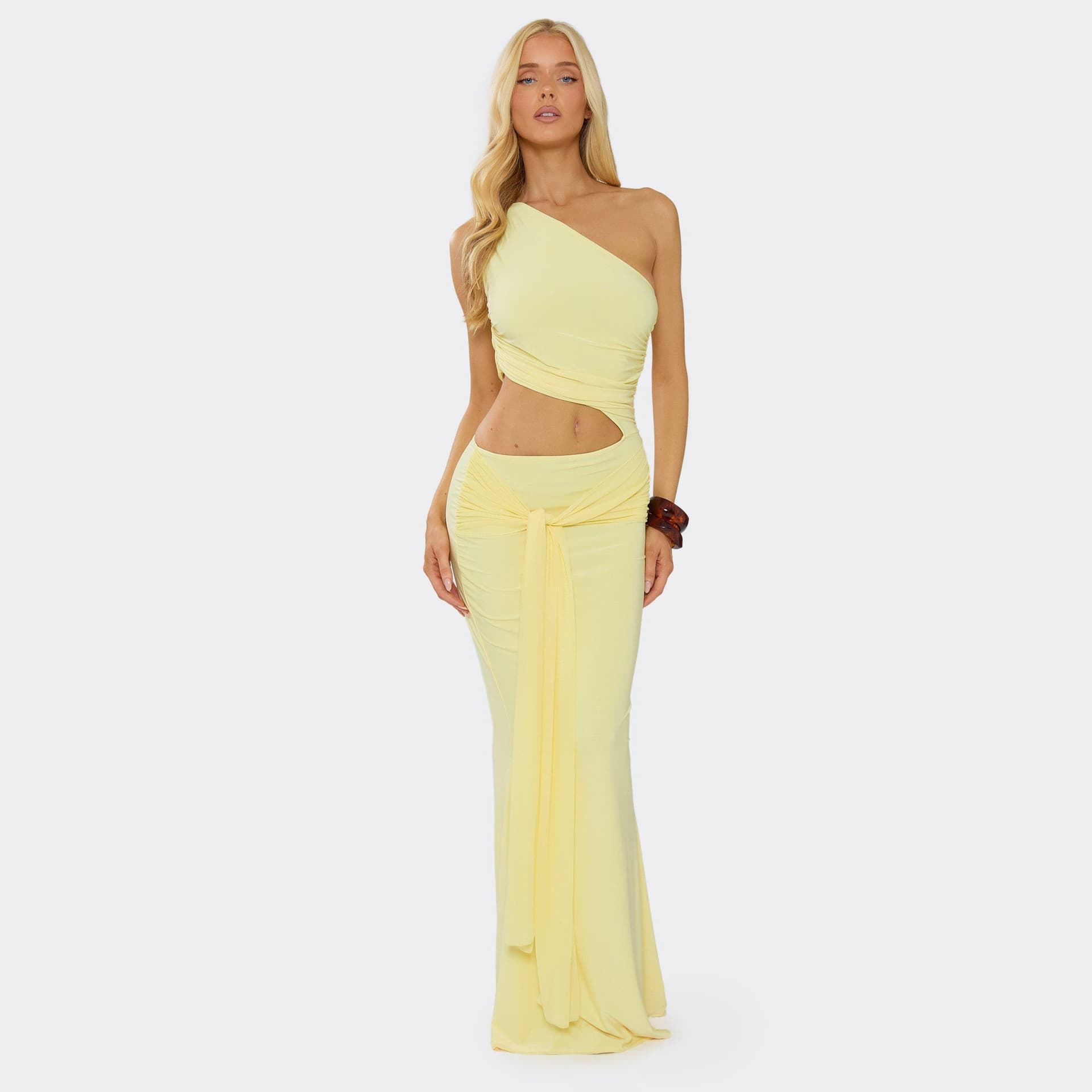 EGO One Shoulder Cut Out Side Draped Front Maxi Dress In Yellow, Women's Size UK 6