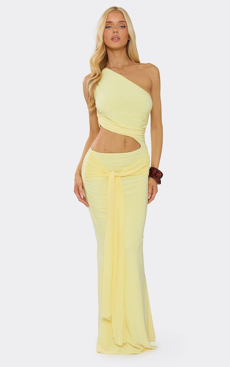 EGO One Shoulder Cut Out Side Draped Front Maxi Dress In Yellow, Women's Size UK 6 - 2