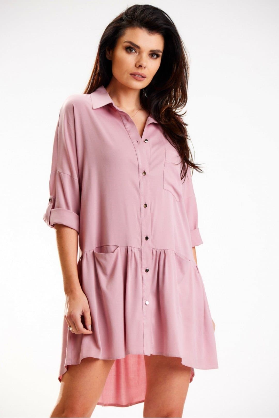 Love Lace Love Lace Women's Long Sleeve Trapezoid Collar Shirt Dress in Pink