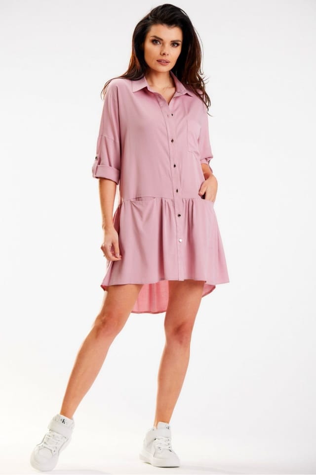 Love Lace Love Lace Women's Long Sleeve Trapezoid Collar Shirt Dress in Pink - 2