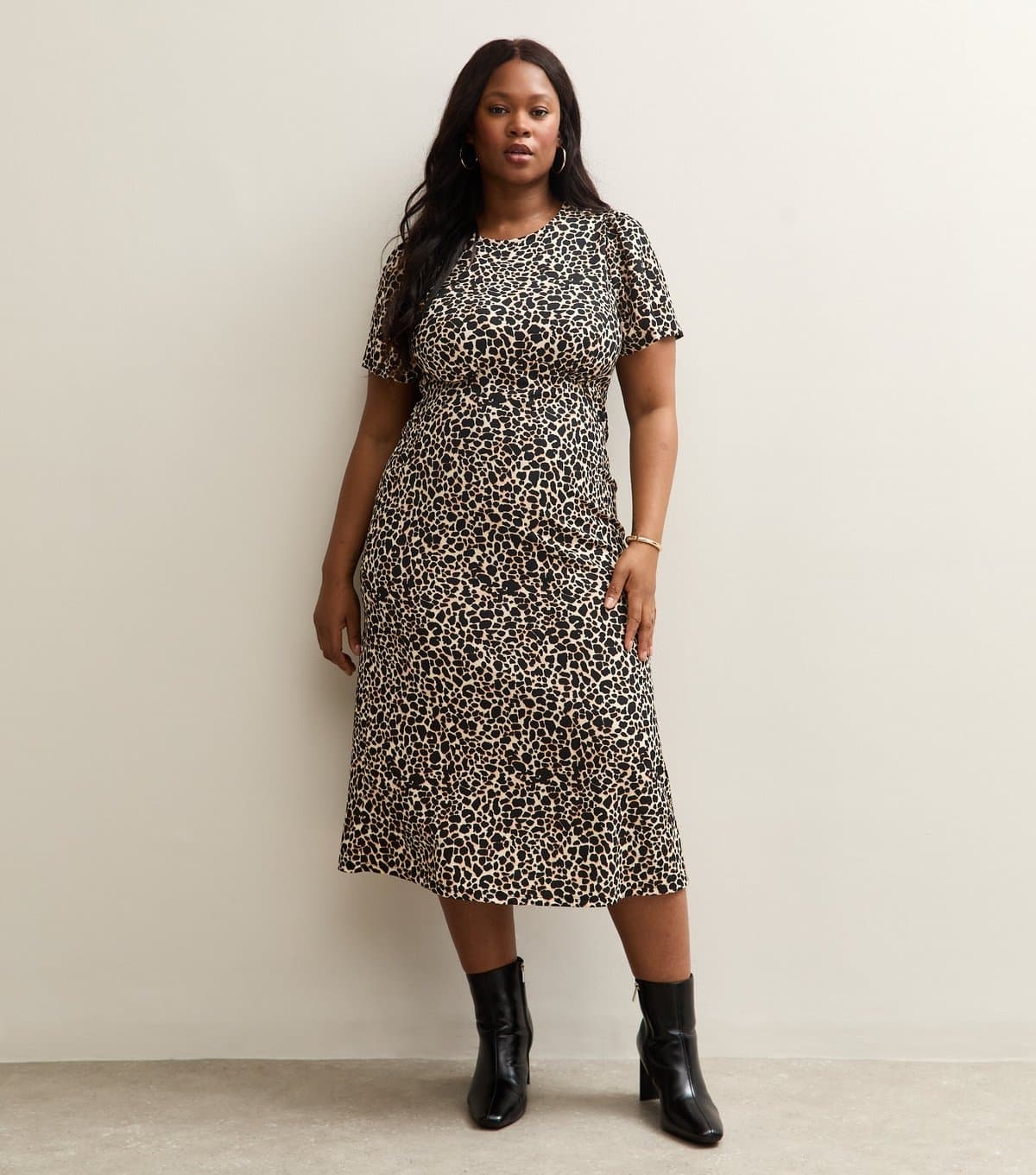 New Look Women's Plus Size Brown Animal Print Short Sleeve Midi Dress Curves New Look