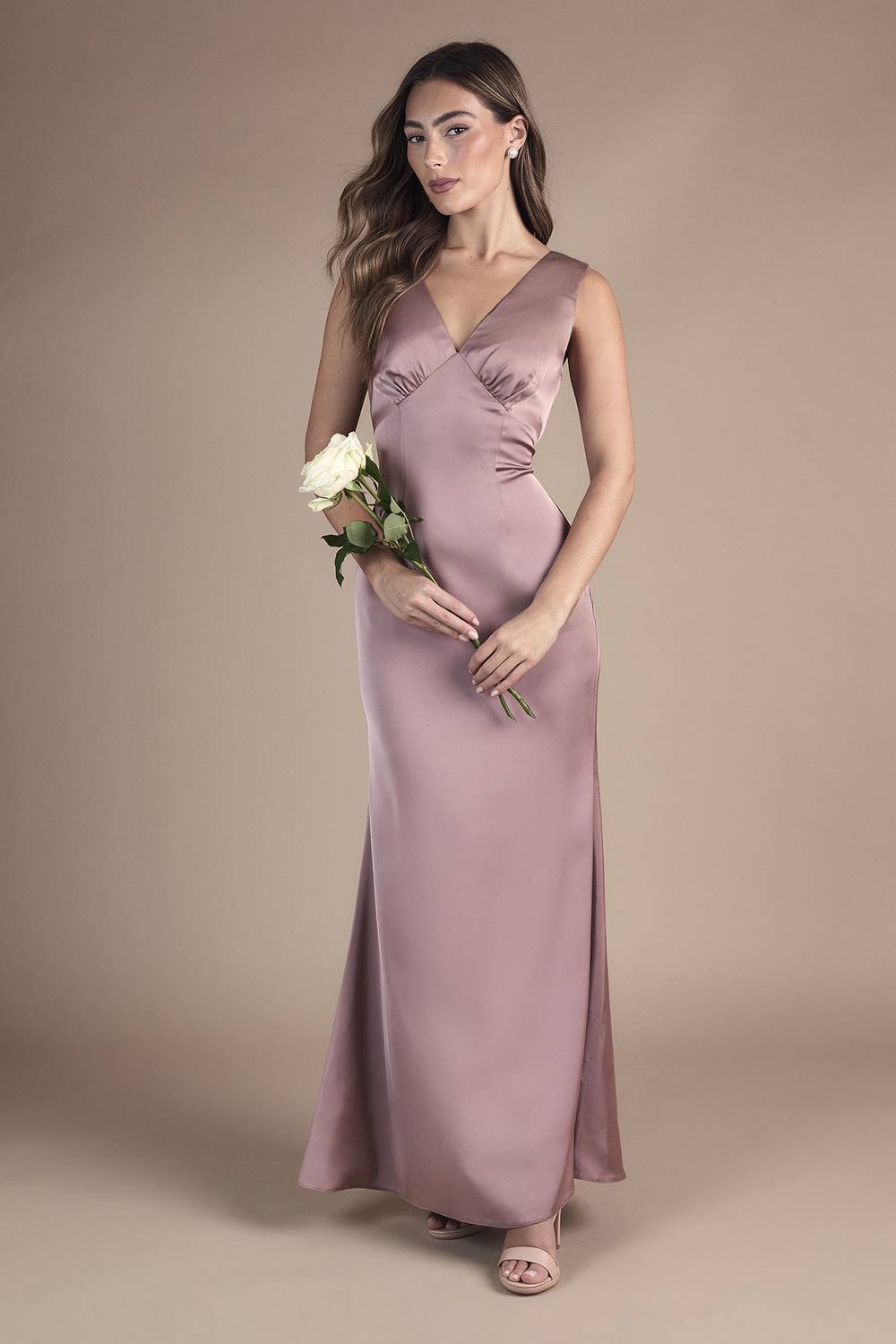 Coast Coast Women's Bow Back V Neck Satin Bridesmaid Dress in Dusty Mauve - 2