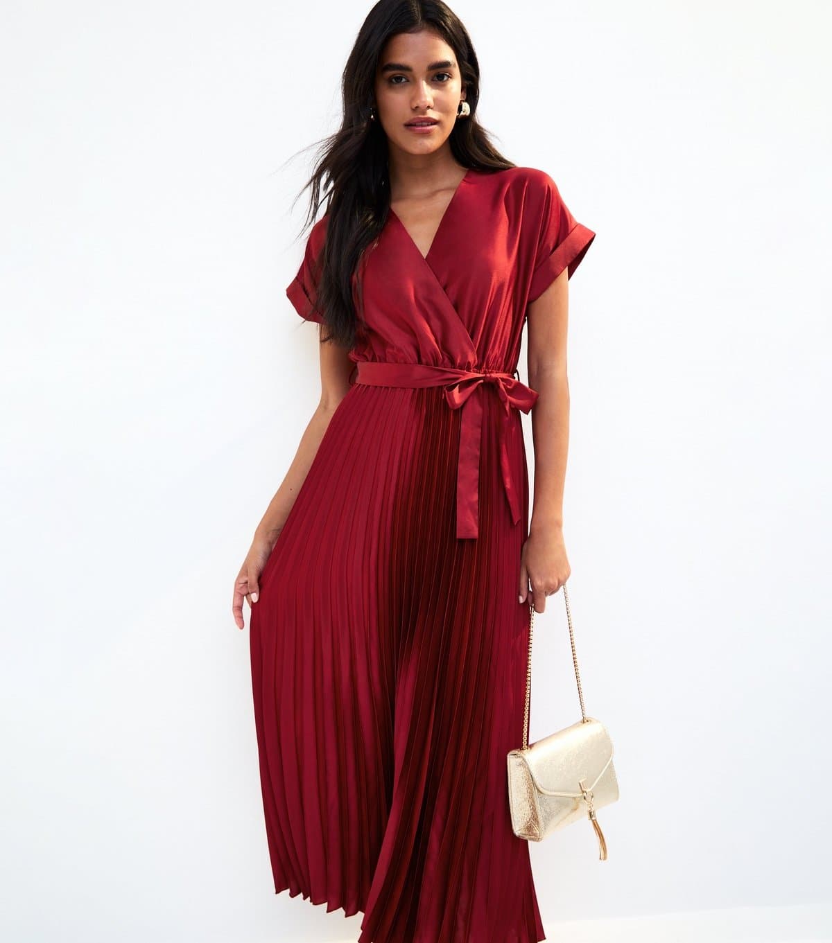 New Look Women's Red Satin Pleated Skirt Wrap Midi Dress New Look