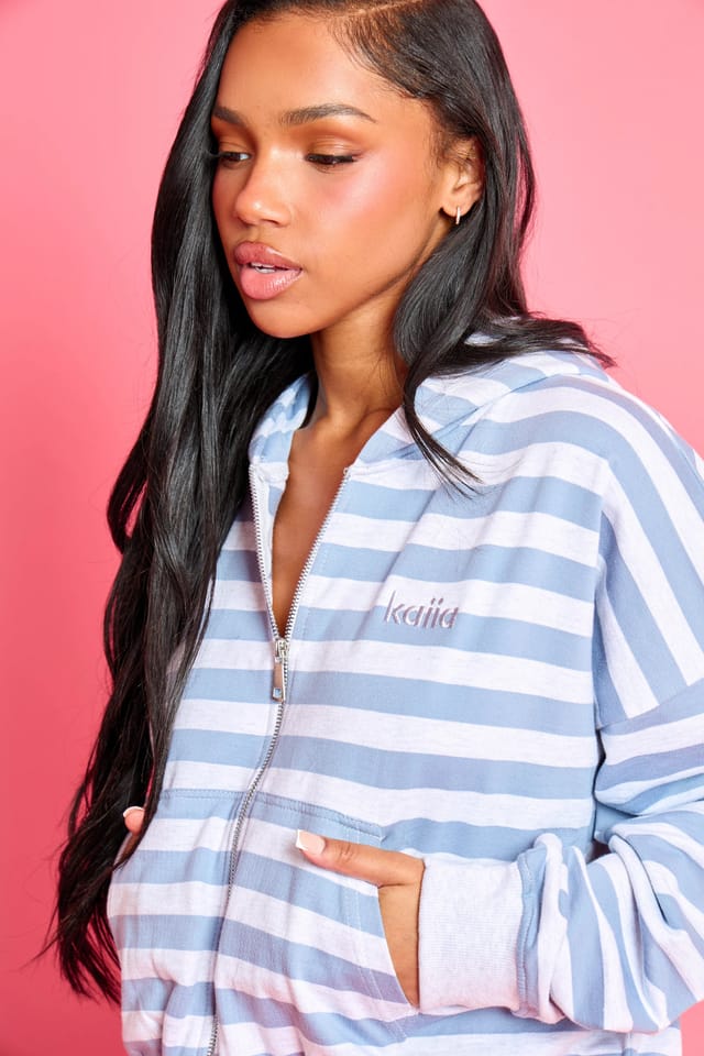 Kaiia Kaiia Striped Oversized Zip Through Hoodie Soft Blue & Grey Marl - 2