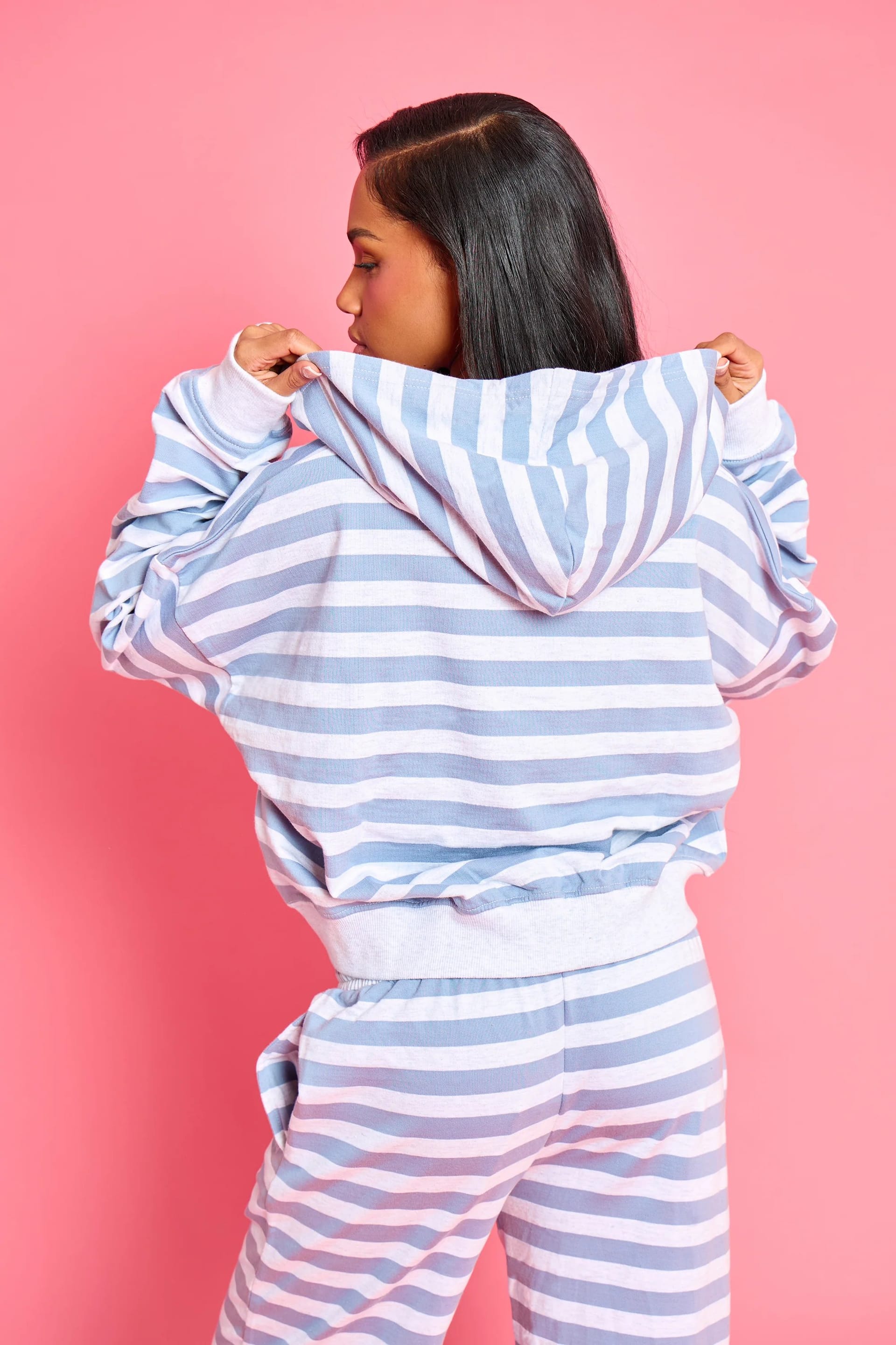 Kaiia Kaiia Striped Oversized Zip Through Hoodie Soft Blue & Grey Marl - 4