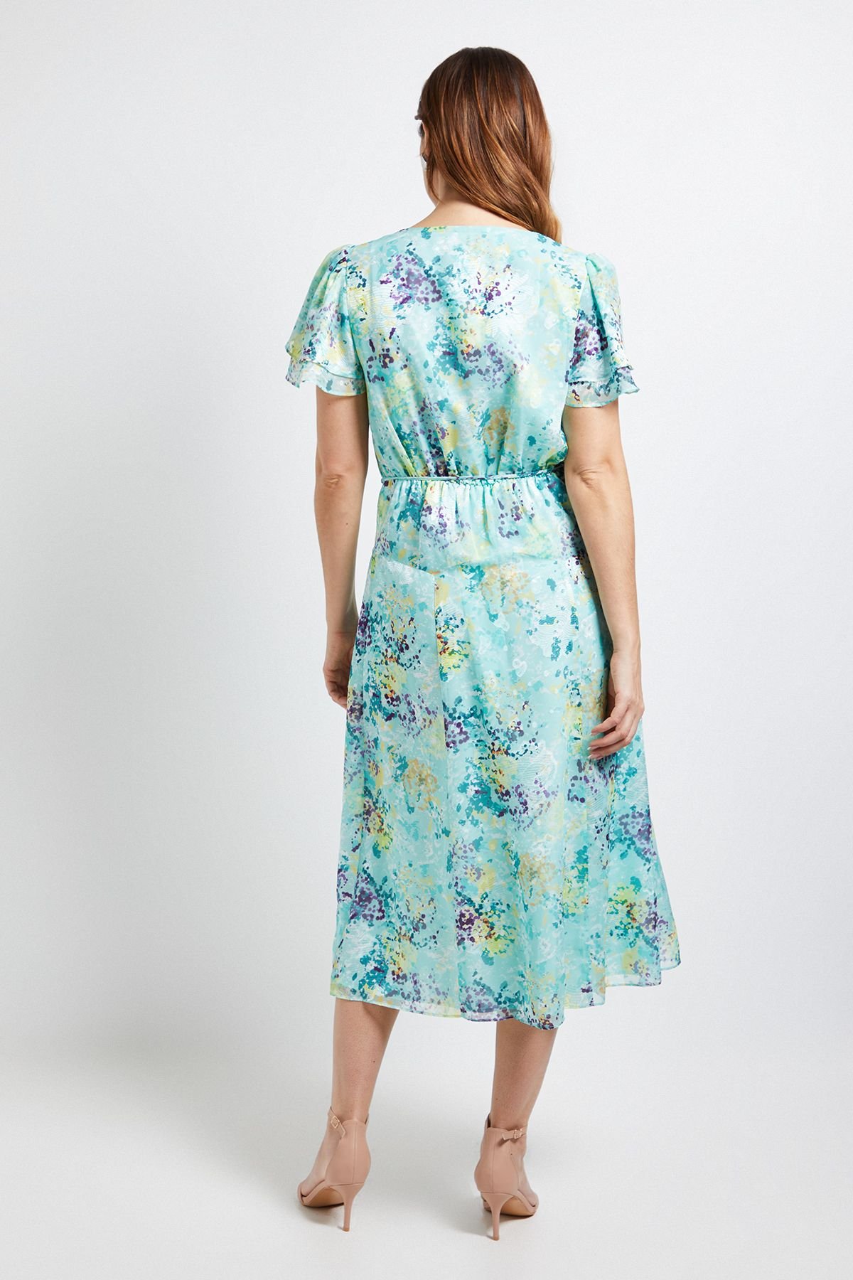 Wallis Wallis Women's Floral Burn Out Frill Sleeve Midi Dress in Sage - 3