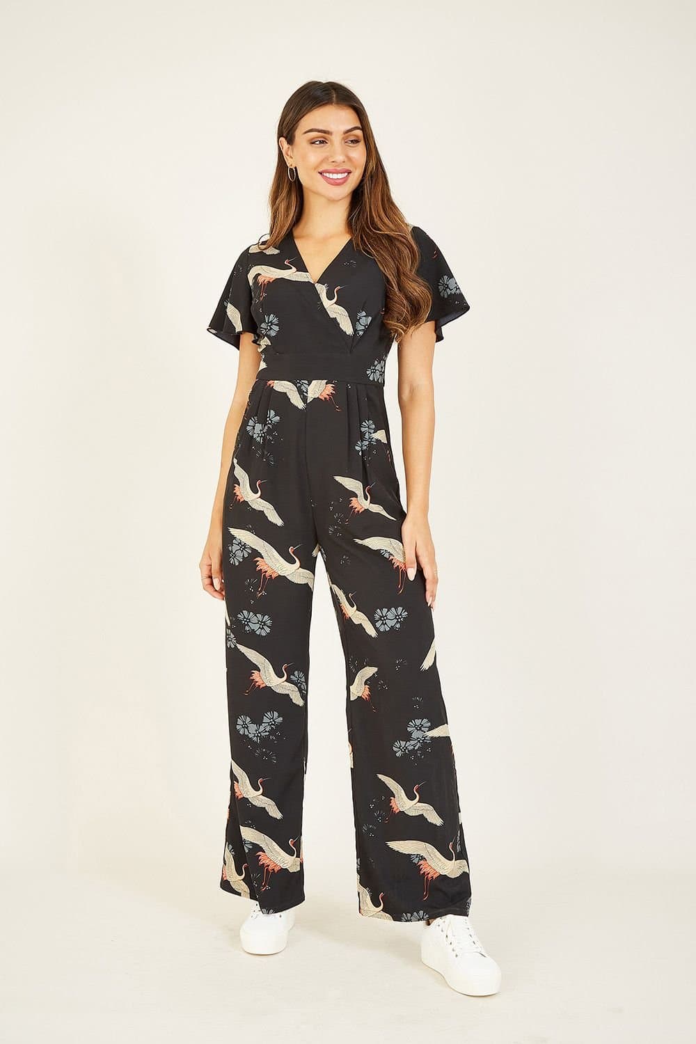Yumi Yumi Women's Black Crane Print Jumpsuit