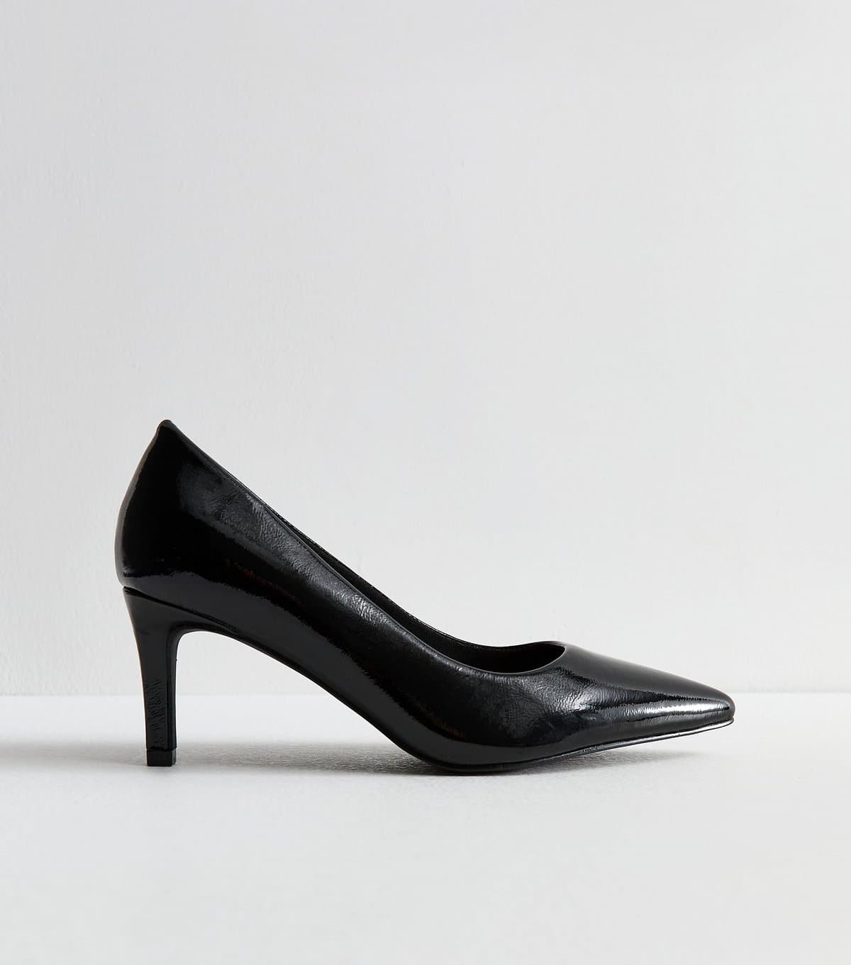 New Look Women's Wide Fit Black Patent Faux Leather Pointed Toe Pumps Vegan New Look
