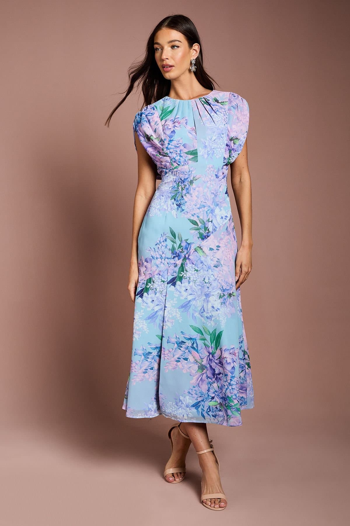 Coast Coast Women's Cap Sleeve Floral Chiffon Midi Dress in Pale Blue