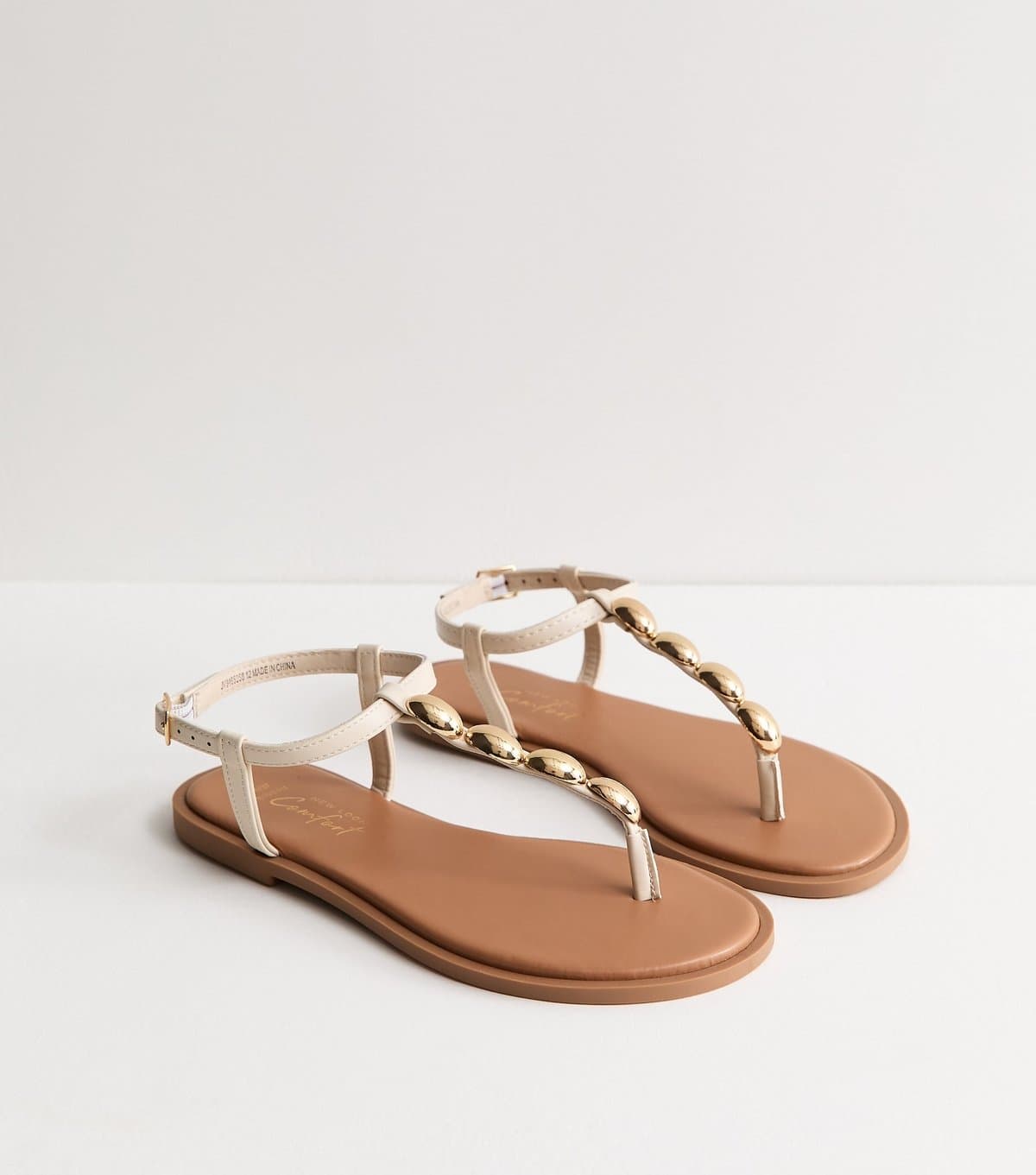New Look Women's Wide Fit Off White Faux Leather Metal Toe Post Sandals Vegan New Look